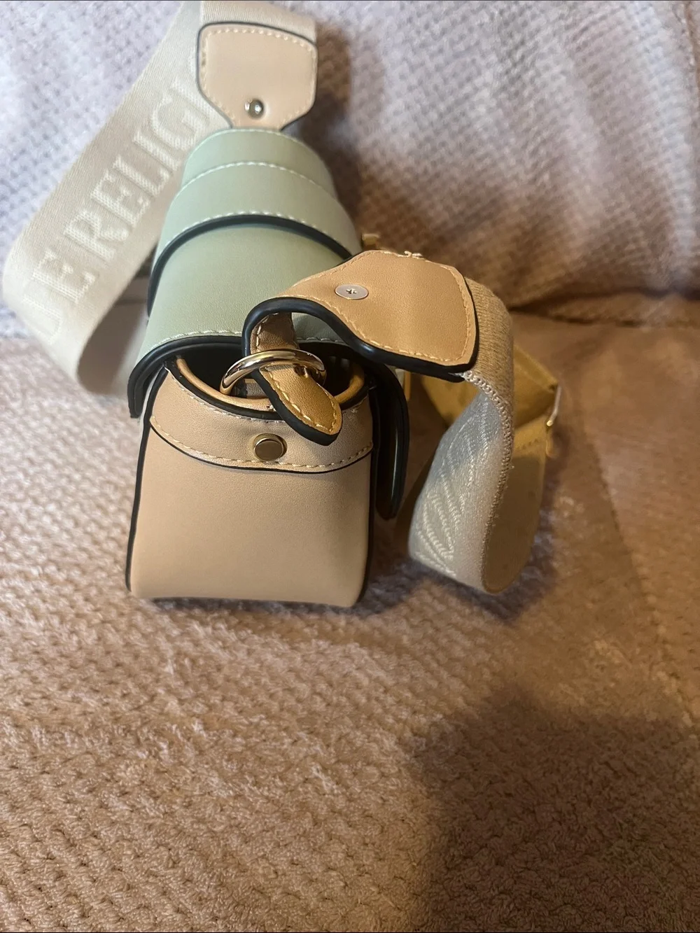True Religion Mint Green Leather Crossbody with Beige Canvas Strap